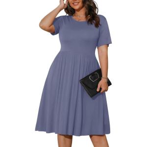 imagePOSESHE Womens Plus Size Summer Dress 2024 Casual Short Sleeve Empire Waist Loose Fit Swing TShirt Dress with PocketsPurple Grey