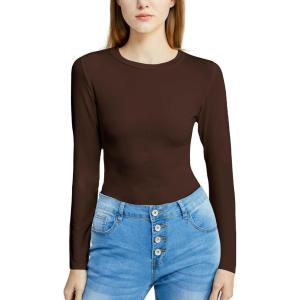imagePOSESHE LongSleeve Bodysuits For Women Round Neck Plus Size Body Suits Autumn Essentials M5XLBrown