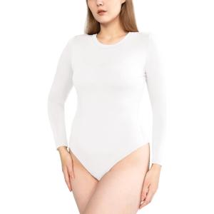 imagePOSESHE LongSleeve Bodysuits For Women Round Neck Plus Size Body Suits Autumn Essentials M5XLWhite