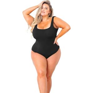 imagePOSESHE Plus Size Tank Bodysuit For Curvy WomenBlack