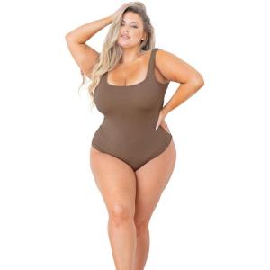 imagePOSESHE Plus Size Tank Bodysuit For Curvy WomenLinen Brown