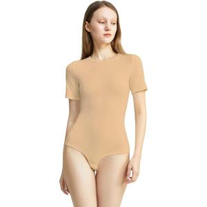imagePOSESHE Womens Plus Size Short Sleeve Square Neck Tank Top Bodysuit S5xlBeigeround