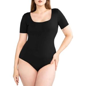 imagePOSESHE Womens Plus Size Short Sleeve Square Neck Tank Top Bodysuit S5xlBlacksquare