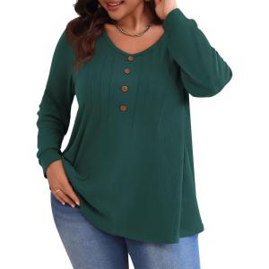 imagePOSESHE Womens Plus Size Tops 2024 Long Sleeves Pleated Tunic Fall Casual VNeck Shirts Cute Dressy Work Button Blouses L4XLGreen