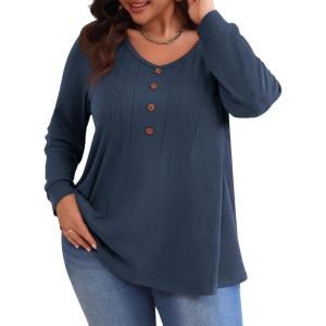 imagePOSESHE Womens Plus Size Tops 2024 Long Sleeves Pleated Tunic Fall Casual VNeck Shirts Cute Dressy Work Button Blouses L4XLNavy Blue