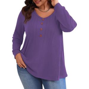 imagePOSESHE Womens Plus Size Tops 2024 Long Sleeves Pleated Tunic Fall Casual VNeck Shirts Cute Dressy Work Button Blouses L4XLPurple