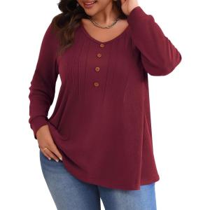 imagePOSESHE Womens Plus Size Tops 2024 Long Sleeves Pleated Tunic Fall Casual VNeck Shirts Cute Dressy Work Button Blouses L4XLWine Red