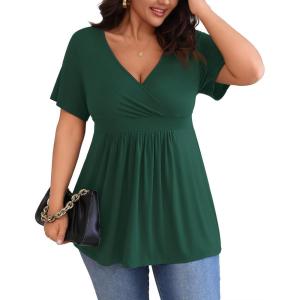 imagePOSESHE Womens Plus Size Tops 2024 Summer Short Sleeves Tunic Tops Casual VNeck Wrap Shirts Cute Dressy Work Blouses L4XLGreen