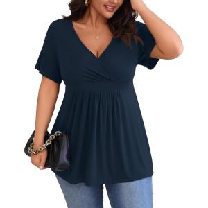 imagePOSESHE Womens Plus Size Tops 2024 Summer Short Sleeves Tunic Tops Casual VNeck Wrap Shirts Cute Dressy Work Blouses L4XLNavy Blue