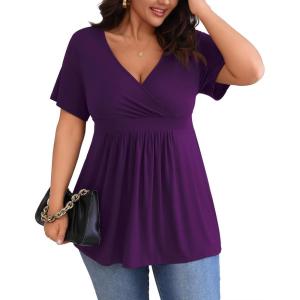 imagePOSESHE Womens Plus Size Tops 2024 Summer Short Sleeves Tunic Tops Casual VNeck Wrap Shirts Cute Dressy Work Blouses L4XLPurple