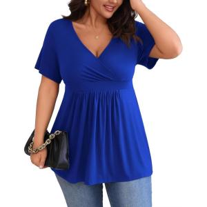 imagePOSESHE Womens Plus Size Tops 2024 Summer Short Sleeves Tunic Tops Casual VNeck Wrap Shirts Cute Dressy Work Blouses L4XLRoyal Blue