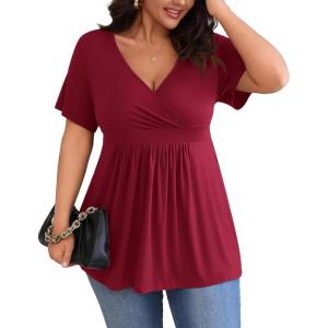 imagePOSESHE Womens Plus Size Tops 2024 Summer Short Sleeves Tunic Tops Casual VNeck Wrap Shirts Cute Dressy Work Blouses L4XLWine Red