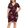 imagePOSESHE Womens Plus Size Short Sleeve Deep V Neck Bodycon Wrap Dress with Front SlitFlower Wine Red
