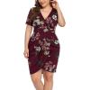 imagePOSESHE Womens Plus Size Short Sleeve Deep V Neck Bodycon Wrap Dress with Front SlitFlower Wine Red