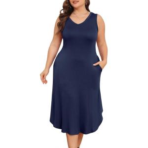 imagePOSESHE Womens Plus Size Dresses Sleeveless VNeck 2024 Summer Sundress Casual Wedding Guest Cocktail Dress with PocketsNavy Blue