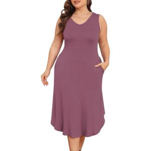 imagePOSESHE Womens Plus Size Dresses Sleeveless VNeck 2024 Summer Sundress Casual Wedding Guest Cocktail Dress with PocketsPurple Red