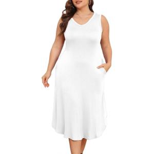 imagePOSESHE Womens Plus Size Dresses Sleeveless VNeck 2024 Summer Sundress Casual Wedding Guest Cocktail Dress with PocketsWhite