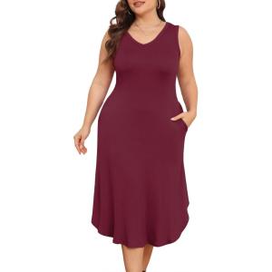 imagePOSESHE Womens Plus Size Dresses Sleeveless VNeck 2024 Summer Sundress Casual Wedding Guest Cocktail Dress with PocketsWine Red