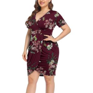 imagePOSESHE Womens Plus Size Short Sleeve Deep V Neck Bodycon Wrap Dress with Front SlitFlower Wine Red
