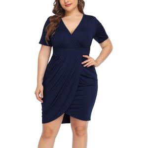 imagePOSESHE Womens Plus Size Short Sleeve Deep V Neck Bodycon Wrap Dress with Front SlitNavy Blue