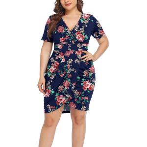 imagePOSESHE Womens Plus Size Short Sleeve Deep V Neck Bodycon Wrap Dress with Front SlitRose Navy Blue