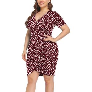 imagePOSESHE Womens Plus Size Short Sleeve Deep V Neck Bodycon Wrap Dress with Front SlitSpot Wine Red