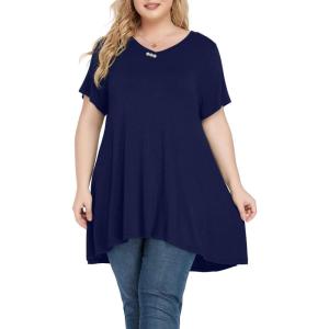 imagePOSESHE Plus Size Tops for Womens Summer Clothes Short Sleeve Shirts Casual V Neck Tunic Asymmetrical BlousesB03 Navy