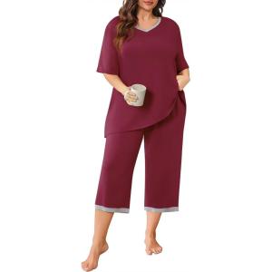 imagePOSESHE Womens Plus Size Pajama Sets Short Sleeve 2 Piece Summer Lounge Sleepwear Ladies Cute Pjs Sets with Pockets 202502wine Red