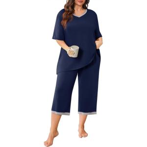 imagePOSESHE Womens Plus Size Pajama Sets Short Sleeve 2 Piece Summer Lounge Sleepwear Ladies Cute Pjs Sets with Pockets 202504navy Blue