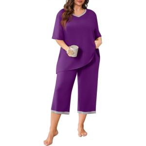 imagePOSESHE Womens Plus Size Pajama Sets Short Sleeve 2 Piece Summer Lounge Sleepwear Ladies Cute Pjs Sets with Pockets 202505purple