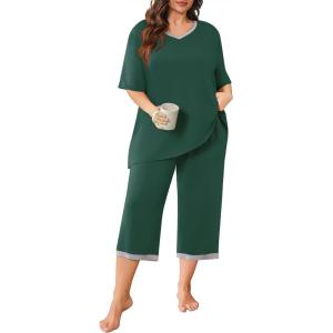 imagePOSESHE Womens Plus Size Pajama Sets Short Sleeve 2 Piece Summer Lounge Sleepwear Ladies Cute Pjs Sets with Pockets 202506green