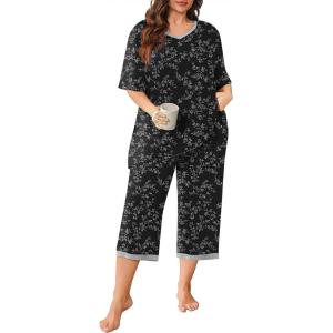 imagePOSESHE Womens Plus Size Pajama Sets Short Sleeve 2 Piece Summer Lounge Sleepwear Ladies Cute Pjs Sets with Pockets 202509black D Floral