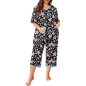 imagePOSESHE Womens Plus Size Pajama Sets Short Sleeve 2 Piece Summer Lounge Sleepwear Ladies Cute Pjs Sets with Pockets 202510black Pink Floral