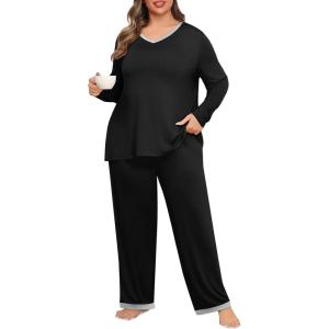imagePOSESHE Womens Plus Size Pajama Sets Short Sleeve 2 Piece Summer Lounge Sleepwear Ladies Cute Pjs Sets with Pockets 2025Black