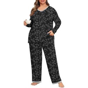 imagePOSESHE Womens Plus Size Pajama Sets Short Sleeve 2 Piece Summer Lounge Sleepwear Ladies Cute Pjs Sets with Pockets 2025Black D Floral