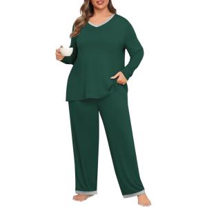 imagePOSESHE Womens Plus Size Pajama Sets Short Sleeve 2 Piece Summer Lounge Sleepwear Ladies Cute Pjs Sets with Pockets 2025Green