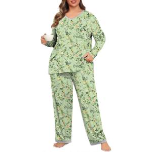 imagePOSESHE Womens Plus Size Pajama Sets Short Sleeve 2 Piece Summer Lounge Sleepwear Ladies Cute Pjs Sets with Pockets 2025Green W Floral