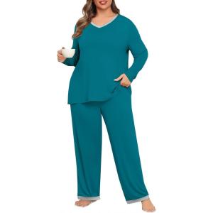 imagePOSESHE Womens Plus Size Pajama Sets Short Sleeve 2 Piece Summer Lounge Sleepwear Ladies Cute Pjs Sets with Pockets 2025Grey Blue