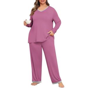 imagePOSESHE Womens Plus Size Pajama Sets Short Sleeve 2 Piece Summer Lounge Sleepwear Ladies Cute Pjs Sets with Pockets 2025Purple Red