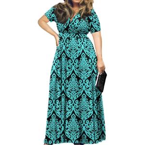 imagePOSESHE Womens Solid VNeck Short Sleeve Plus Size Evening Party Maxi DressBlue Green