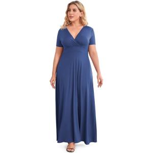 imagePOSESHE Womens Solid VNeck Short Sleeve Plus Size Evening Party Maxi DressDark Blue