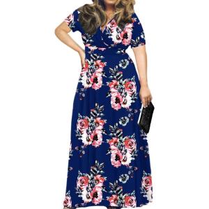 imagePOSESHE Womens Solid VNeck Short Sleeve Plus Size Evening Party Maxi DressFlower Navy Blue