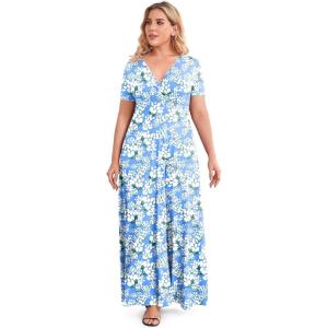 imagePOSESHE Womens Solid VNeck Short Sleeve Plus Size Evening Party Maxi DressJasmine Light Blue