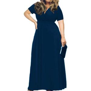 imagePOSESHE Womens Solid VNeck Short Sleeve Plus Size Evening Party Maxi DressNavy Blue