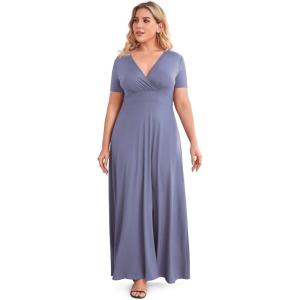 imagePOSESHE Womens Solid VNeck Short Sleeve Plus Size Evening Party Maxi DressPurple Grey