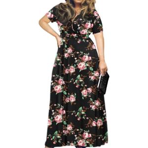 imagePOSESHE Womens Solid VNeck Short Sleeve Plus Size Evening Party Maxi DressRose Black