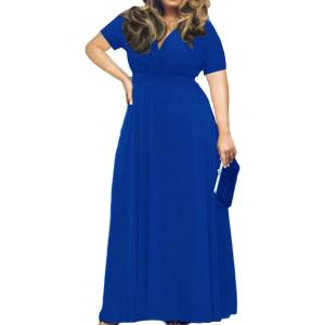 imagePOSESHE Womens Solid VNeck Short Sleeve Plus Size Evening Party Maxi DressRoyal Blue