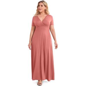 imagePOSESHE Womens Solid VNeck Short Sleeve Plus Size Evening Party Maxi DressSeaweed Pink