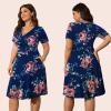 imagePOSESHE Womens Plus Size Dresses Summer Short Sleeve Wrap VNeck Sundress Casual Wedding Guest Cocktail Dress with PocketsNavy Floral