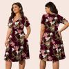 imagePOSESHE Womens Plus Size Dresses Summer Short Sleeve Wrap VNeck Sundress Casual Wedding Guest Cocktail Dress with PocketsWine Red Floral